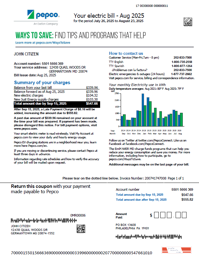 USA Pepco utility bill template in Word and PDF formats, version 2